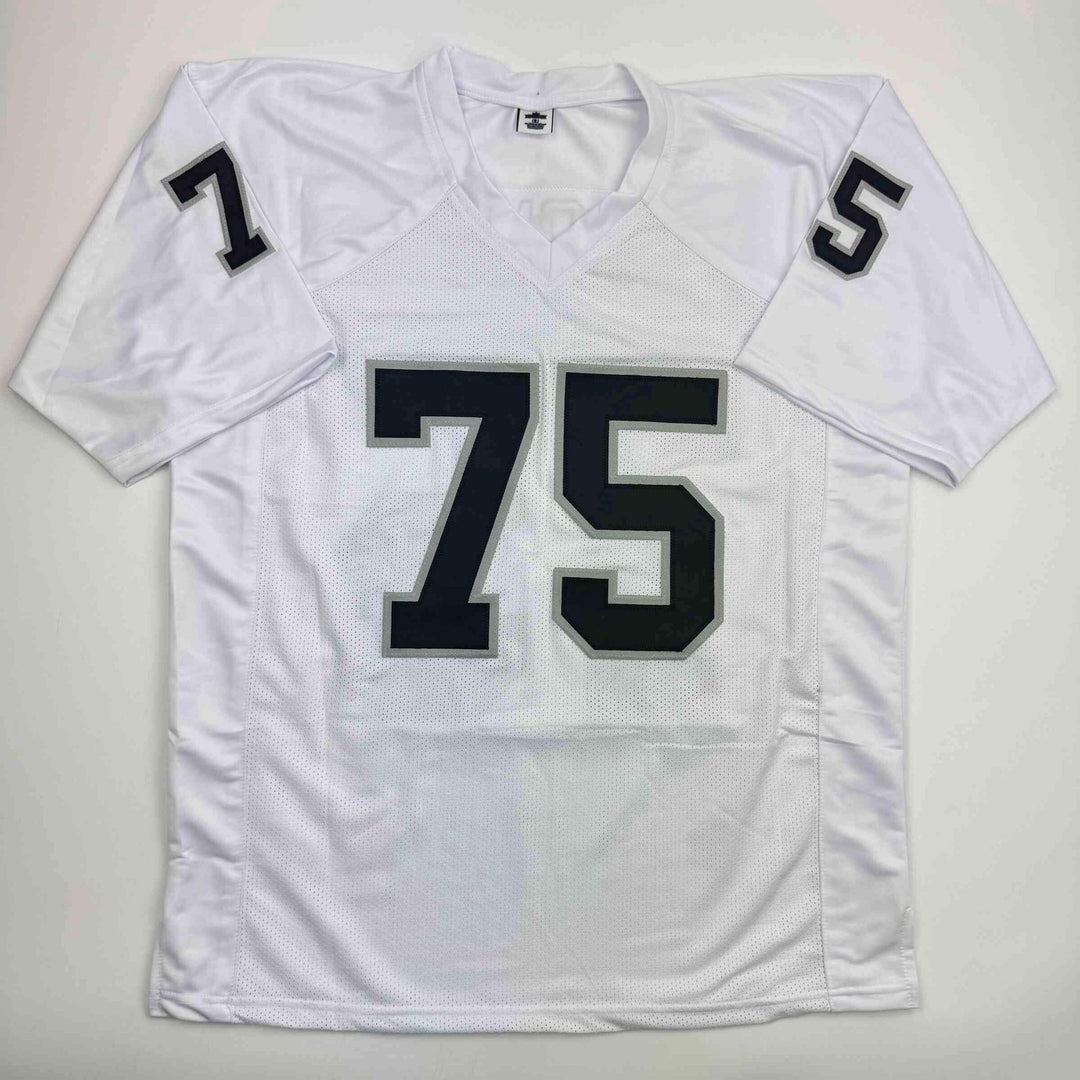 Autographed/Signed Howie Long Oakland White Football Jersey Beckett BAS COA