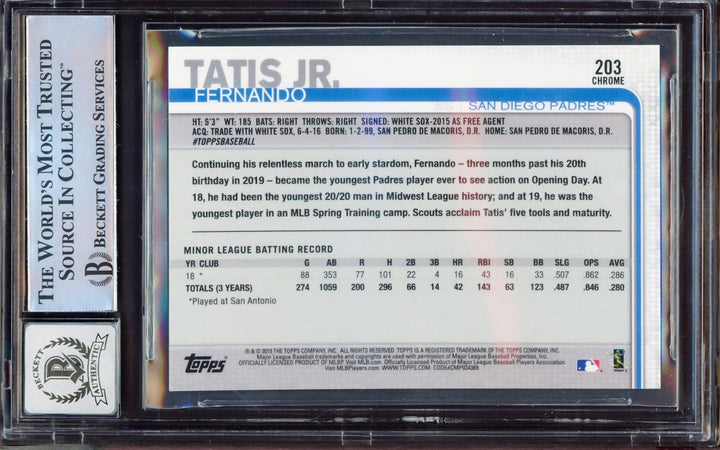 Fernando Tatis Jr. Auto 2019 Topps Chrome RC 203 Padres BGS 8.5 Auto 10 Beckett