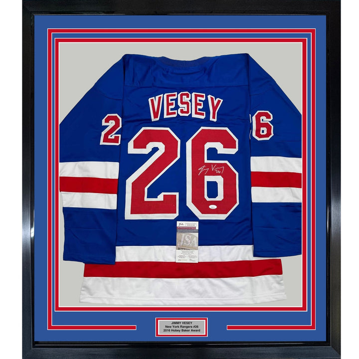 Framed Autographed/Signed Jimmy Vesey 35x39 New York Blue Jersey JSA COA