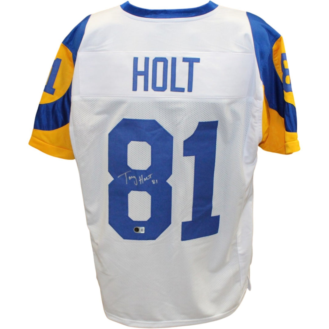 Torry Holt Autographed/Signed Pro Style sz XL White Jersey Beckett Witness 56892