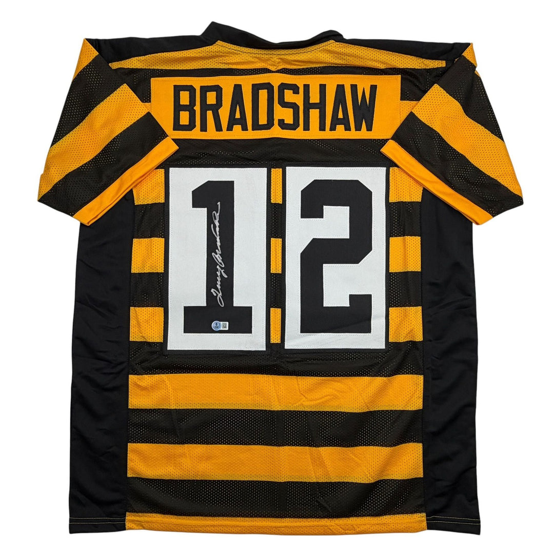 Autographed/Signed Terry Bradshaw Pittsburgh Bumble Bee Jersey Beckett COA