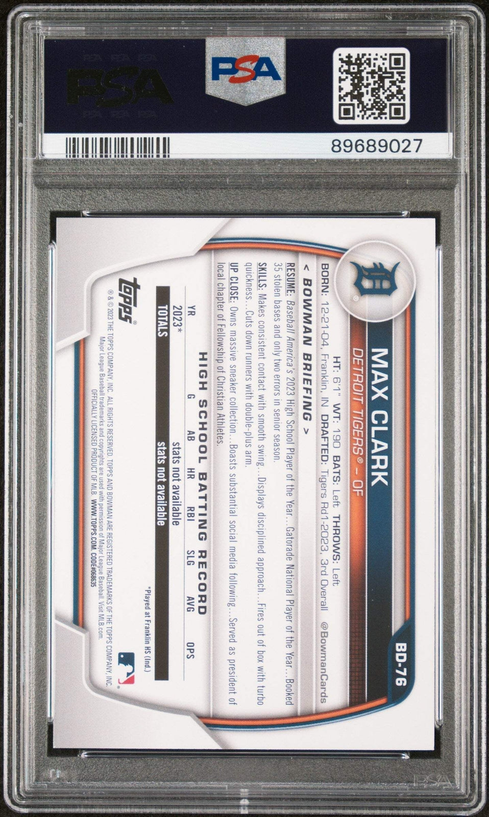 Graded 2023 Topps Bowman Draft Max Clark #BD76 Rookie RC Baseball Card PSA 10