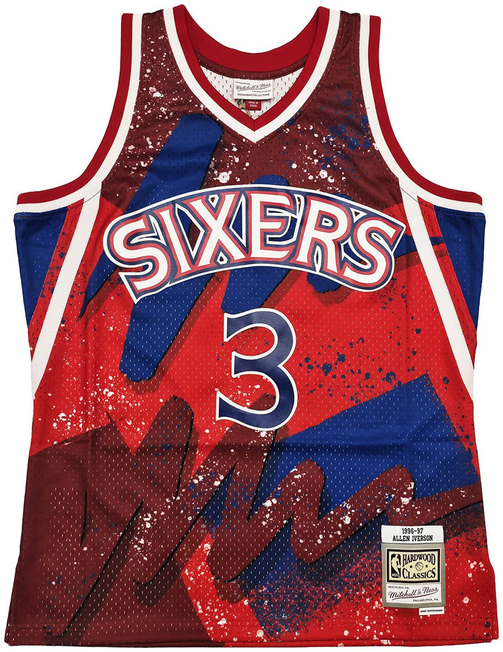 76ers Allen Iverson Auto Red Mitchell Ness 96-97 Swingman Hyper Jersey L Beckett