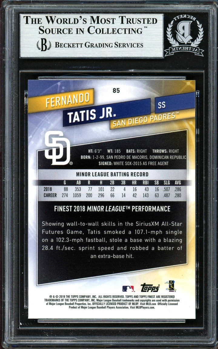 Fernando Tatis Jr. Auto Signed 2019 Topps Finest RC 85 Padres (Bubbling) Beckett