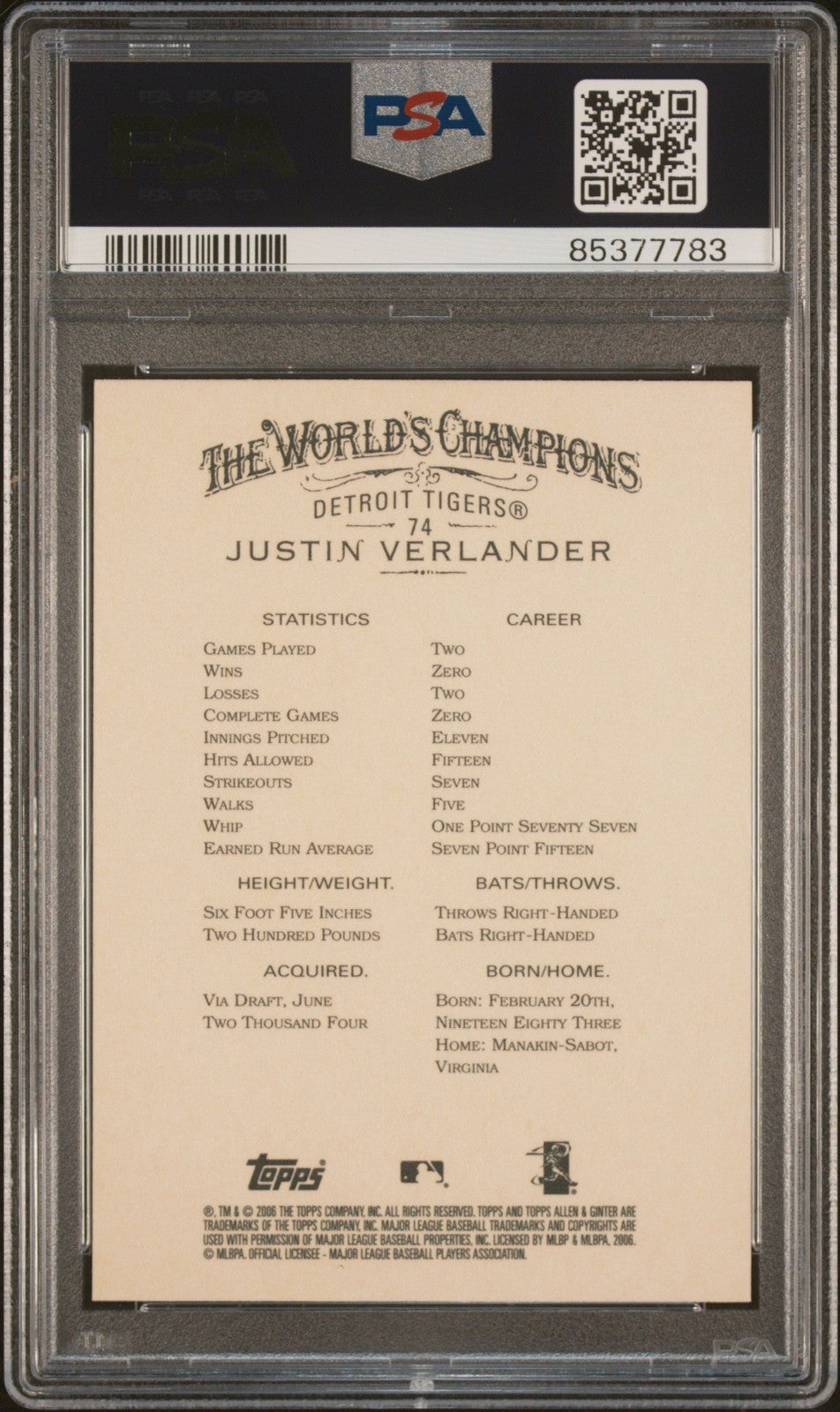 Graded 2006 Topps Allen & Ginter Justin Verlander #74 RC Card PSA 10