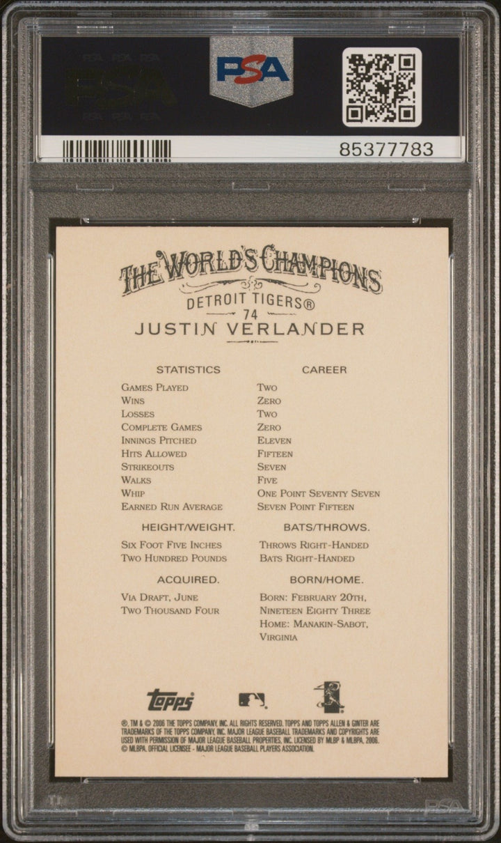 Graded 2006 Topps Allen & Ginter Justin Verlander #74 RC Card PSA 10