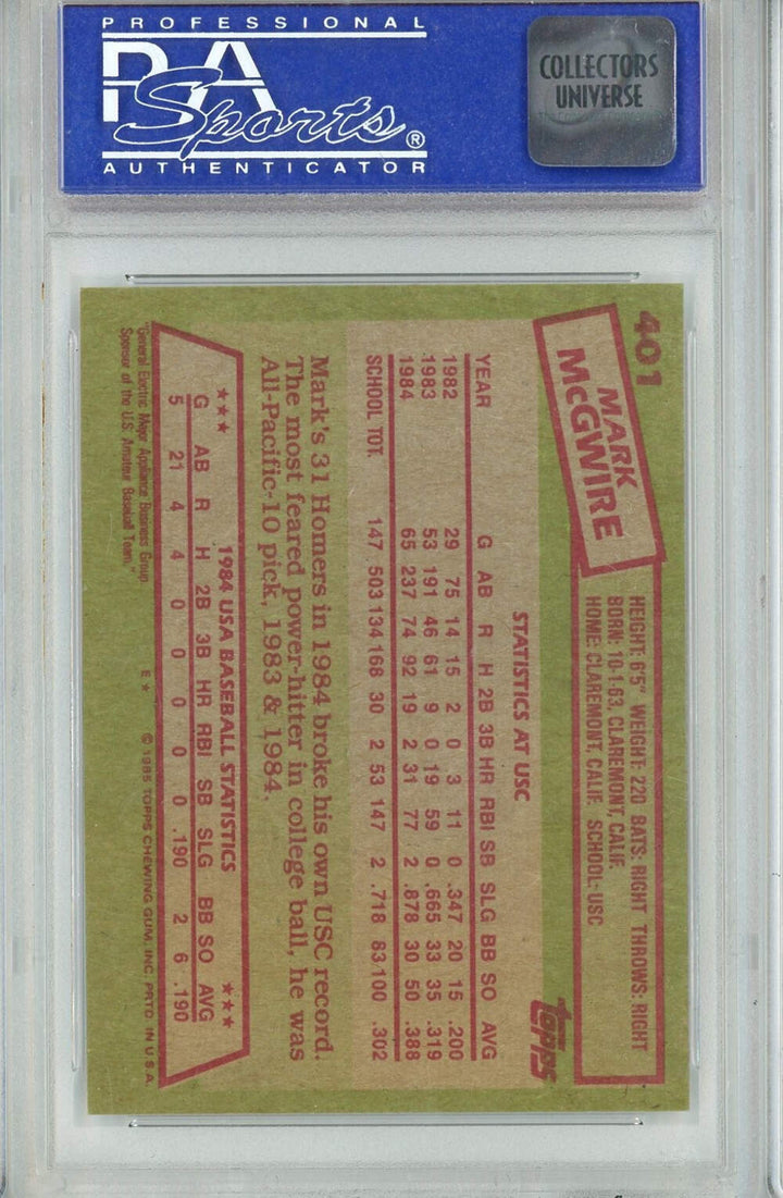 Graded 1985 Topps USA Baseball Team Mark McGwire #401 Rookie RC Card PSA 8 NM-MT