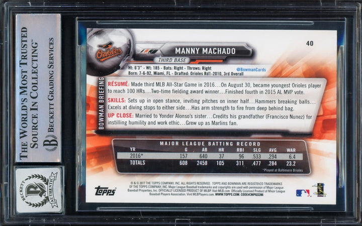 Manny Machado Signed 2017 Bowman Card 40 Orioles Auto GM 10 Beckett #16542442