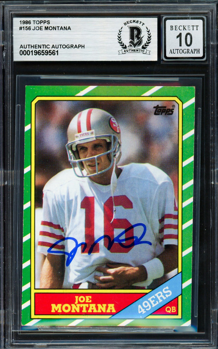 Joe Montana Signed 1986 Topps Card 156 San Francisco 49ers Auto GM 10 Beckett