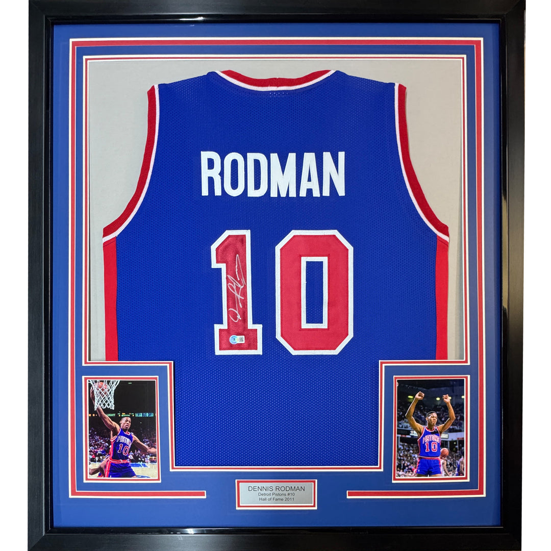 Framed Autographed/Signed Dennis Rodman 35x39 Detroit Blue Jersey JSA COA