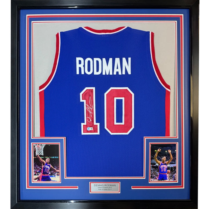 Framed Autographed/Signed Dennis Rodman 35x39 Detroit Blue Jersey JSA COA