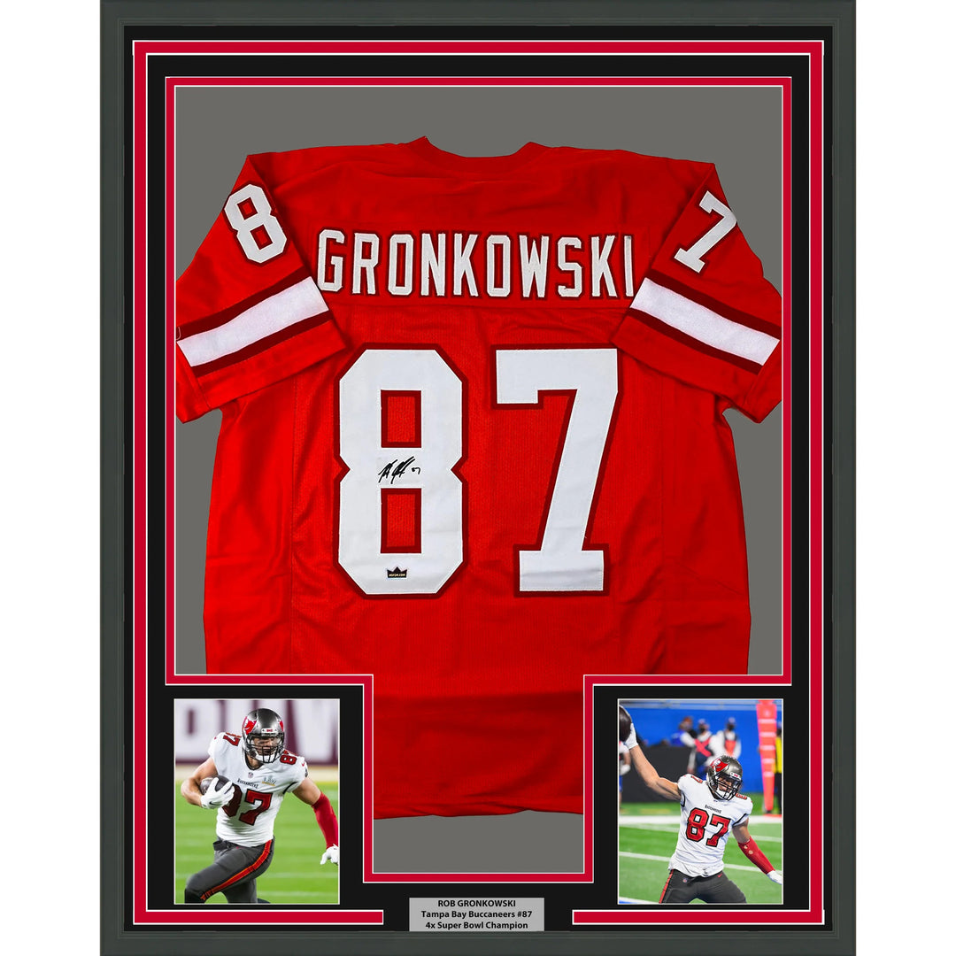 Framed Facsimile Autographed Rob Gronkowski 33x42 Orange Reprint Laser Jersey