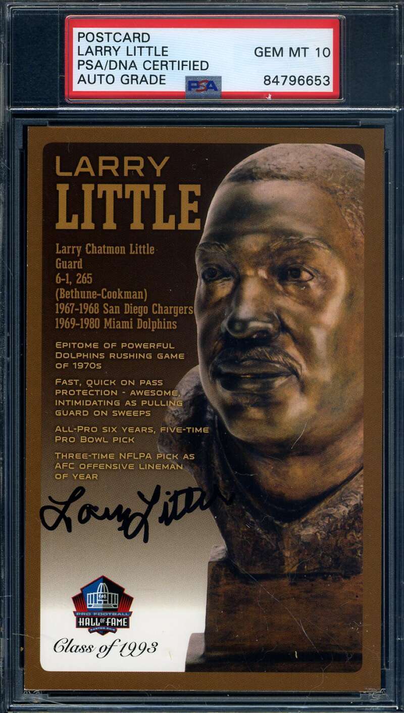 Larry Little Gem Mint 10 PSA DNA Signed HOF Bronze Bust Postcard Autographed