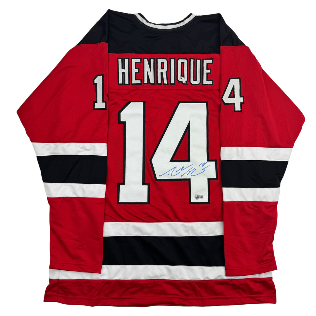 Autographed/Signed Adam Henrique New Jersey NJ Red Hockey Jersey BAS COA