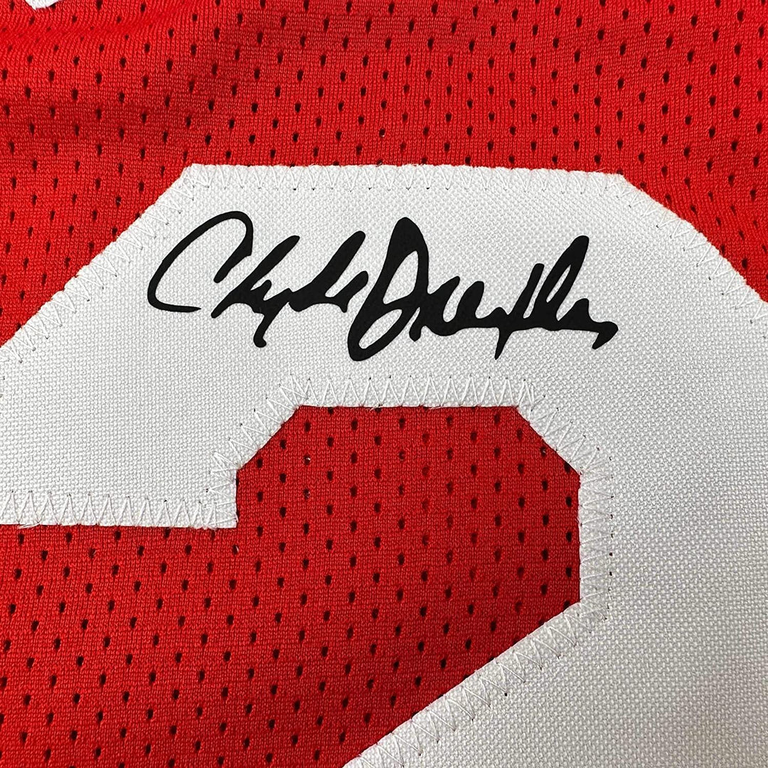 Framed Facsimile Autographed Clyde Drexler 33x42 Red Reprint Laser Auto Jersey