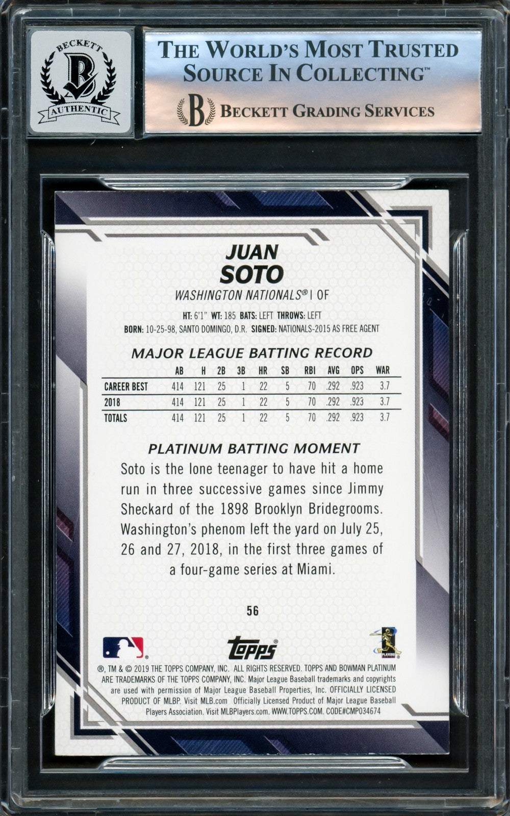 Juan Soto Signed 2019 Bowman Platinum Card 56 New York Mets Auto GM 10 Beckett