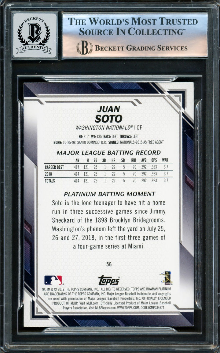 Juan Soto Signed 2019 Bowman Platinum Card 56 New York Mets Auto GM 10 Beckett