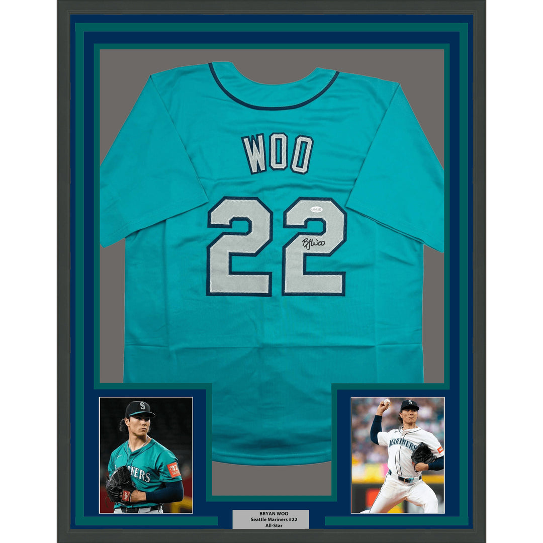 Framed Autographed/Signed Bryan Woo 35x39 Seattle Teal Jersey JSA COA
