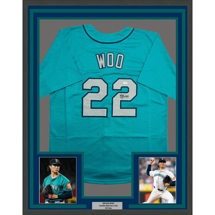 Framed Autographed/Signed Bryan Woo 35x39 Seattle Teal Jersey JSA COA