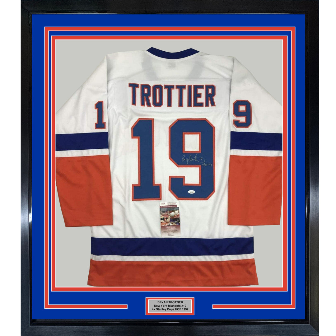 FRAMED Autographed/Signed BRYAN TROTTIER HOF 97 33x42 NY White Jersey JSA COA