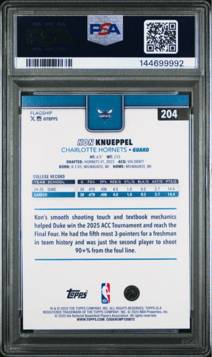 Graded 2025 Topps Kon Knueppel #204 Rookie RC Basketball Card PSA 10