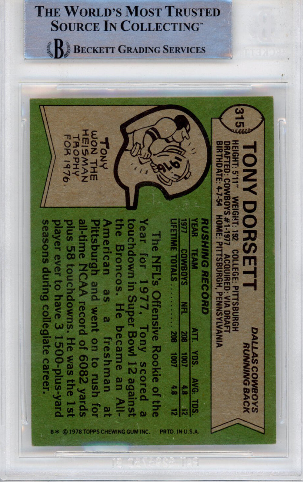 Tony Dorsett Autographed 1978 Topps #315 BAS Slabbed 39921