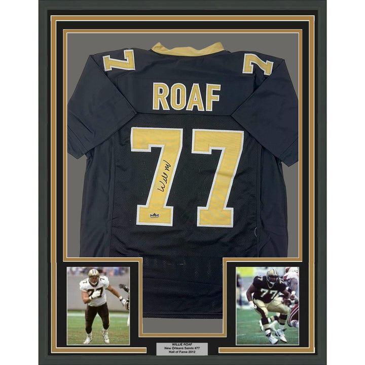 Framed Facsimile Autographed Willie Roaf 35x39 New Orleans Black Reprint Jersey
