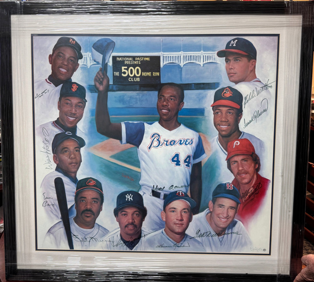 500 HR Club Litho Framed 12 sigs Williams/Mays/Aaron/Banks/Schmidt/Robinson -BAS