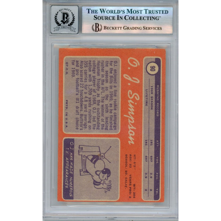 OJ Simpson Autographed 1970 Topps #90 HOF 10 Grade Card Beckett 46489