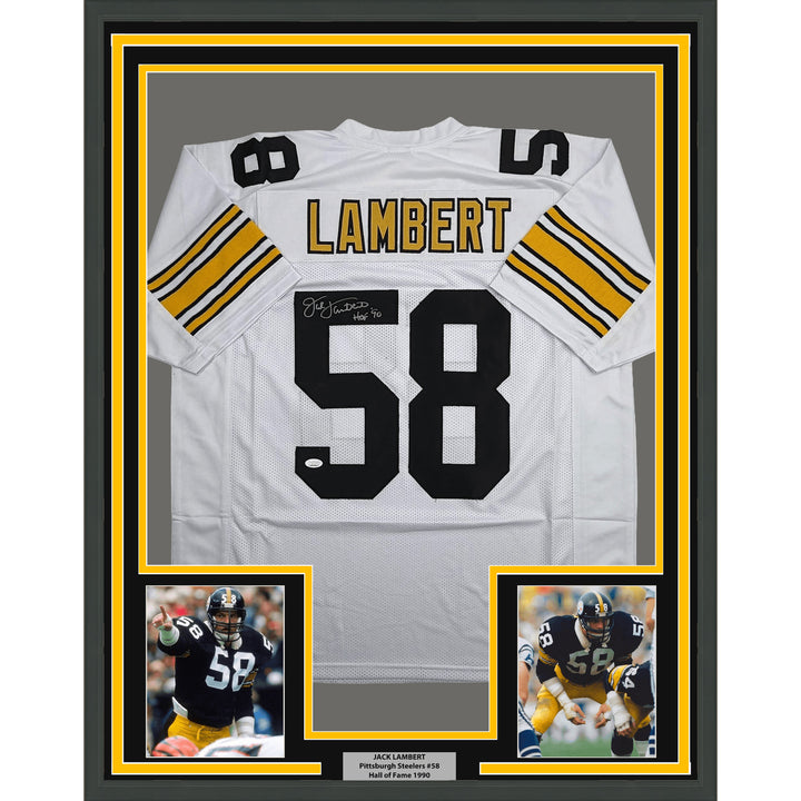 Framed Signed Jack Lambert 35x39 Pittsburgh White Football Jersey JSA COA
