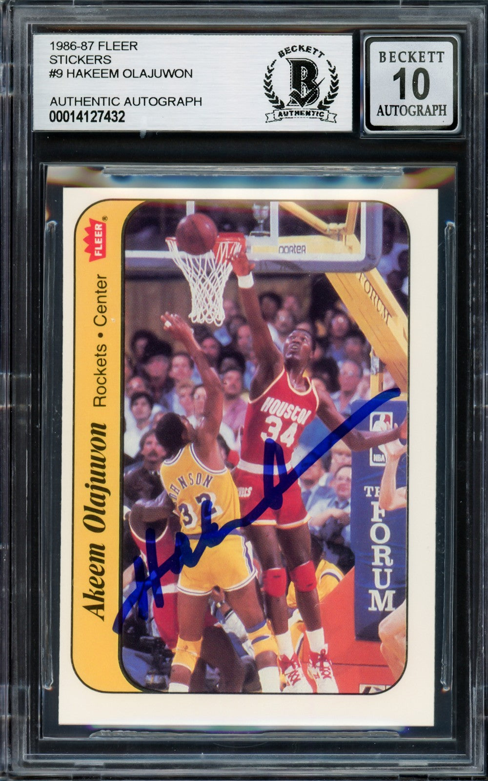 Hakeem Olajuwon Signed 1986-87 Fleer Stickers RC 9 Rockets Auto 10 Beckett