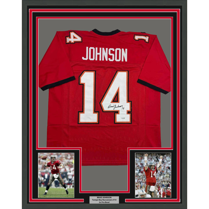 Framed Autographed/Signed Brad Johnson 35x39 Tampa Bay Red Jersey BAS COA