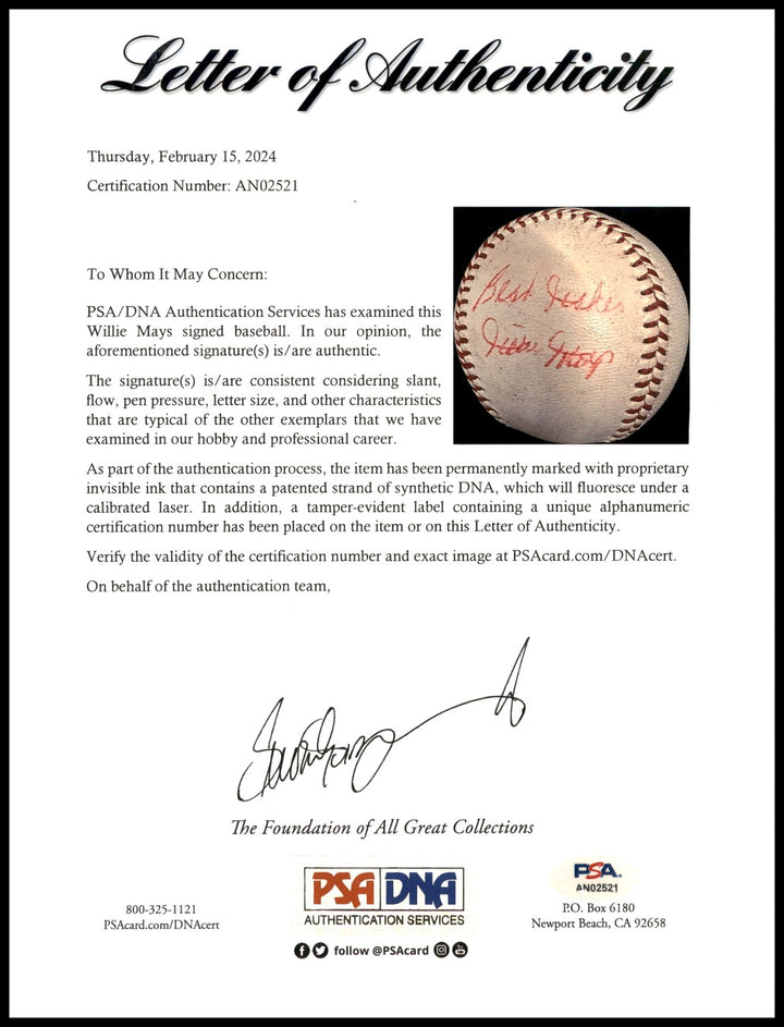 Willie Mays Auto Giles NL Baseball Giants Best Wishes 1960s Playing Days PSA/DNA