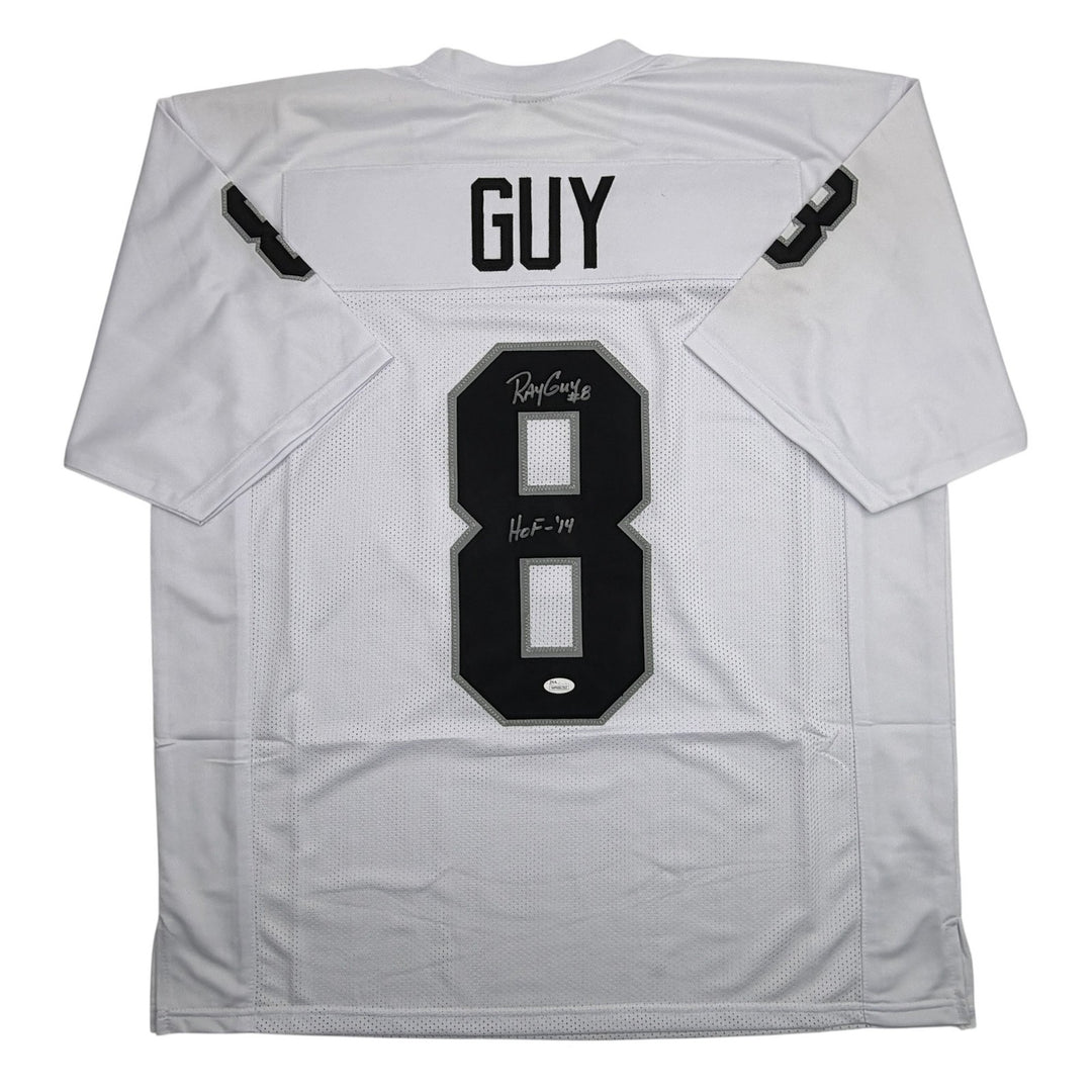 Autographed/Signed Ray Guy HOF Oakland Las Vegas White Football Jersey JSA COA