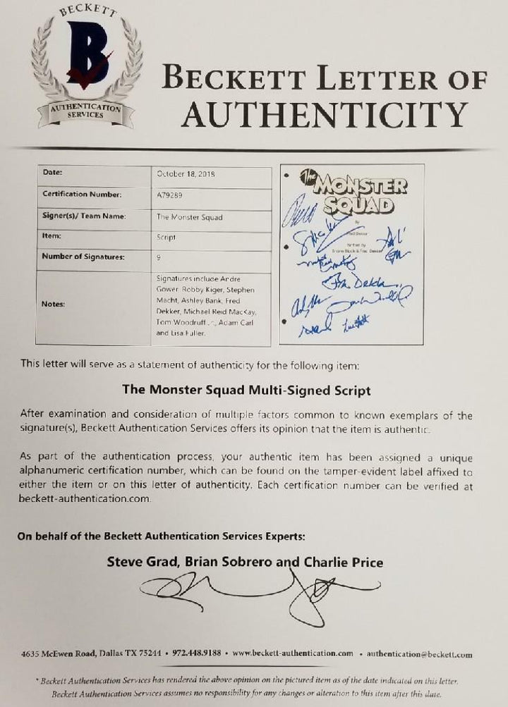 The Monster Squad Cast (9) signed Full Movie Script Autograph Dekker Gower ~ BAS