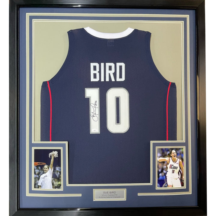 Framed Autographed/Signed Sue Bird 33x42 UConn Blue College Jersey JSA COA