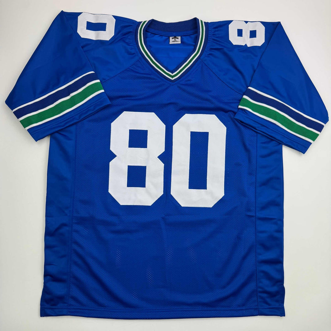Autographed/Signed STEVE LARGENT HOF 95 Seattle Blue Football Jersey JSA COA