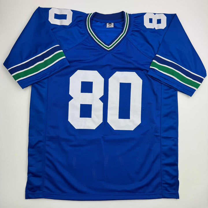 Autographed/Signed STEVE LARGENT HOF 95 Seattle Blue Football Jersey JSA COA
