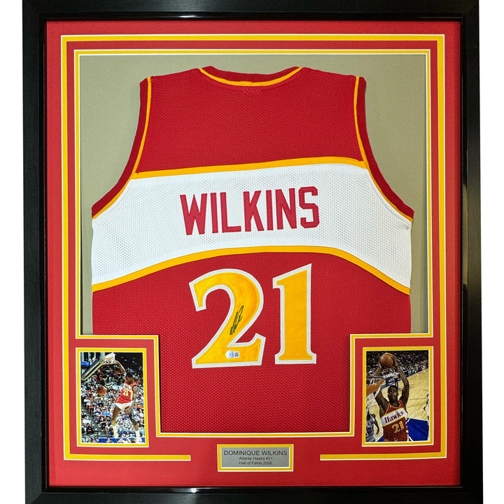 FRAMED Autographed/Signed DOMINIQUE WILKINS 33x42 Atlanta Red Jersey PSA/DNA COA