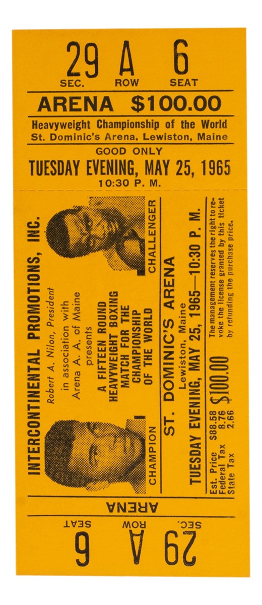 1965 Muhammad Ali Vs Sonny Liston Phantom Punch Boxing Match Orange Full Ticket