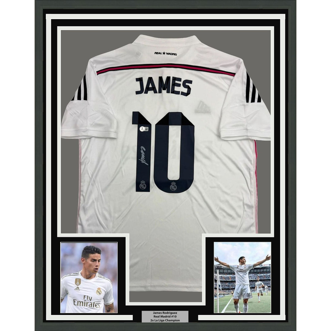 Framed Autographed/Signed James Rodriguez 35x39 Real Madrid Jersey BAS COA