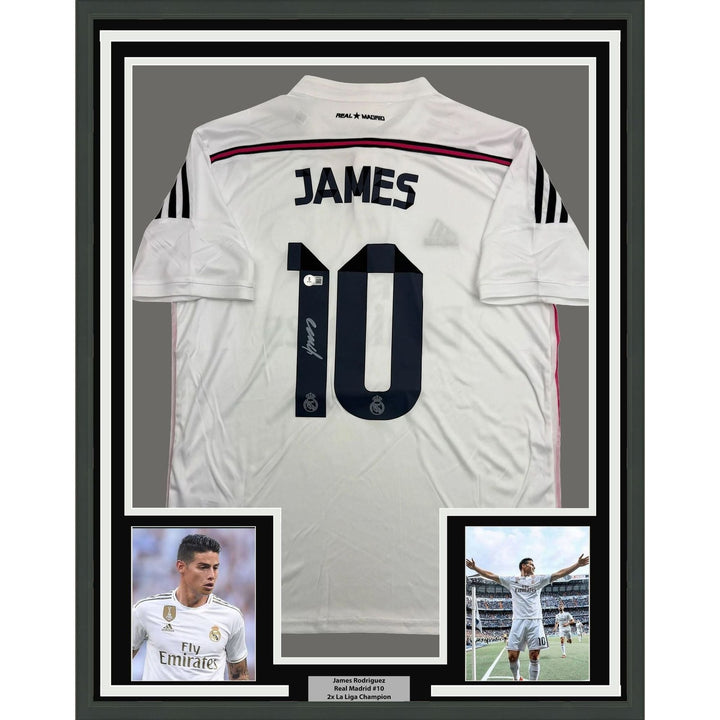 Framed Autographed/Signed James Rodriguez 35x39 Real Madrid Jersey BAS COA