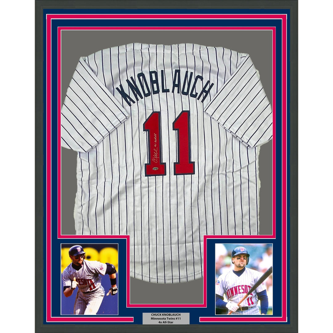 Framed Signed Chuck Knoblauch 35x39 Pinstripe Jersey Leaf Authentic COA