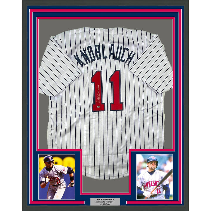 Framed Signed Chuck Knoblauch 35x39 Pinstripe Jersey Leaf Authentic COA