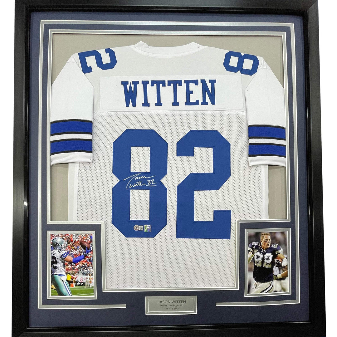 FRAMED Autographed/Signed JASON WITTEN 33x42 Dallas White Jersey JSA COA Auto