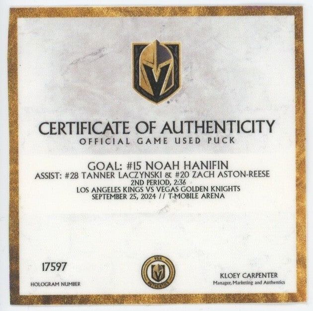 Noah Hanifin Autographed Game Used Goal Puck Vegas Golden Knights IGM COA Signed