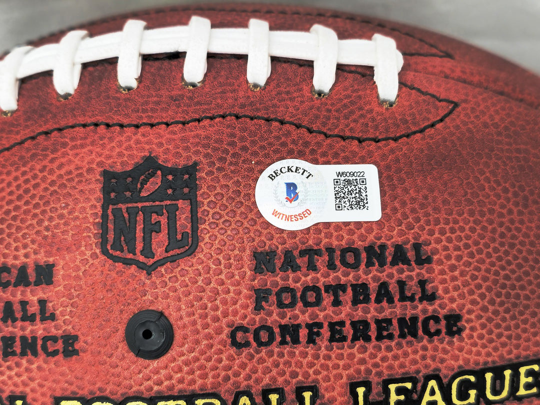 John Elway Auto Official NFL Leather Colored Gold Shield Football Broncos BAS