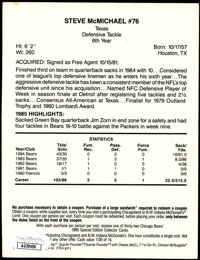 Steve McMichael JSA Coa Signed 1985 McDonald's Bears Blue Tab Autograph