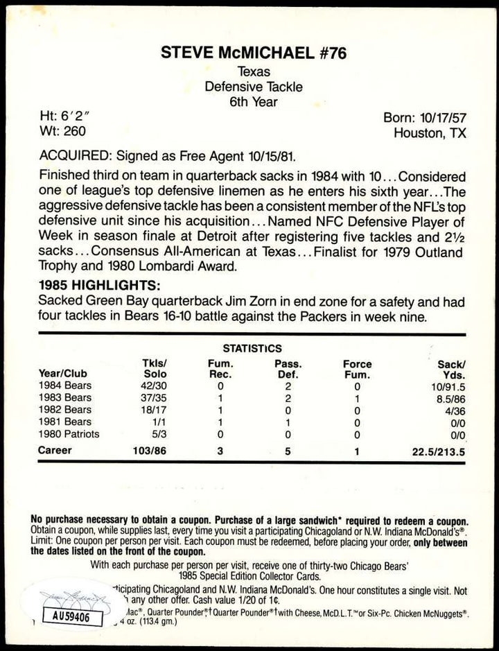 Steve McMichael JSA Coa Signed 1985 McDonald's Bears Blue Tab Autograph