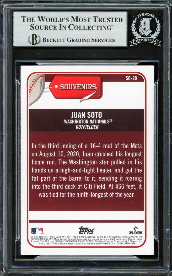 Juan Soto Signed 2021 Topps Big League Souvenirs Card SO-28 Mets Beckett